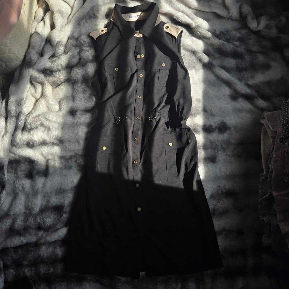 Calvin Klein Utility Shirt Dress Women’s Size 10 Black Gold Button